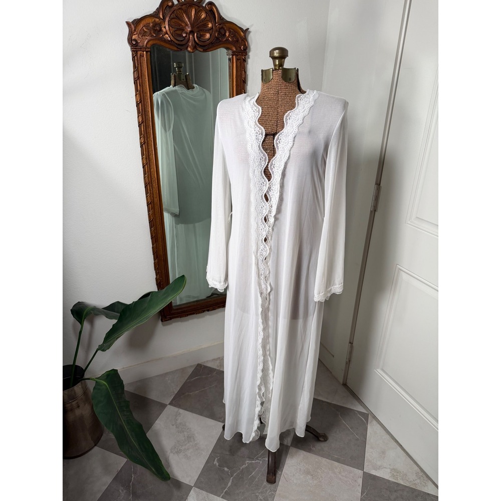 Vintage Style White Sheer Mesh Lace Trim Long Robe Duster Bridal Lingerie Medium